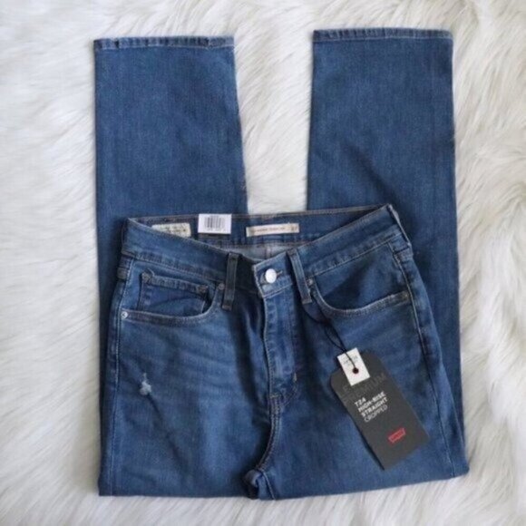 NWT Levis 724  Jeans Size 27 High Rise Straight Leg Cropped Distressed Blue - Picture 6 of 8